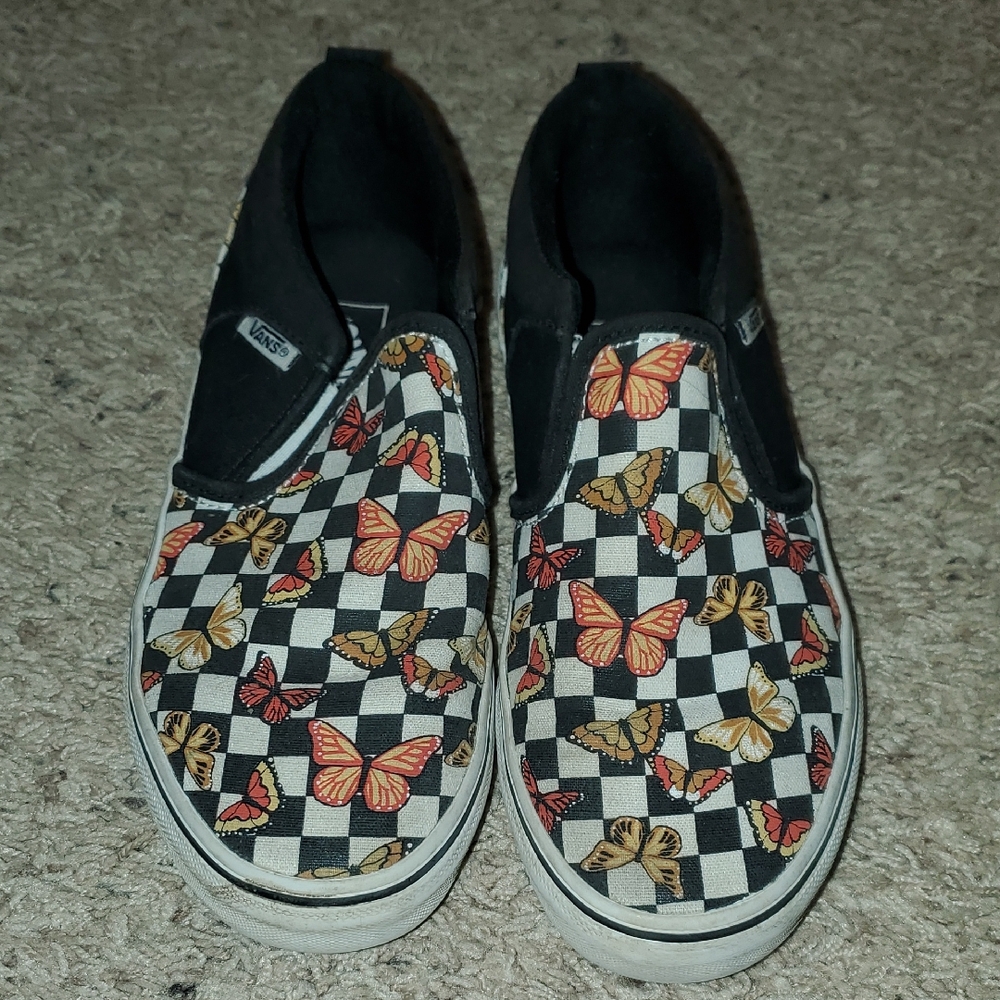 Vans Kids Slip-On Sneakers - Black and White with Colorful Butterflies